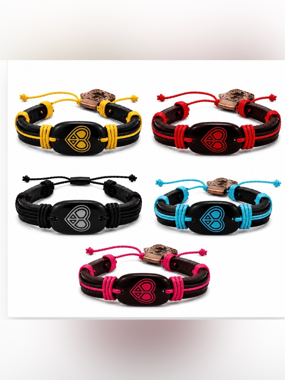 Adjustable Heart Accent Leather Cord Bracelet - Multiple Colors